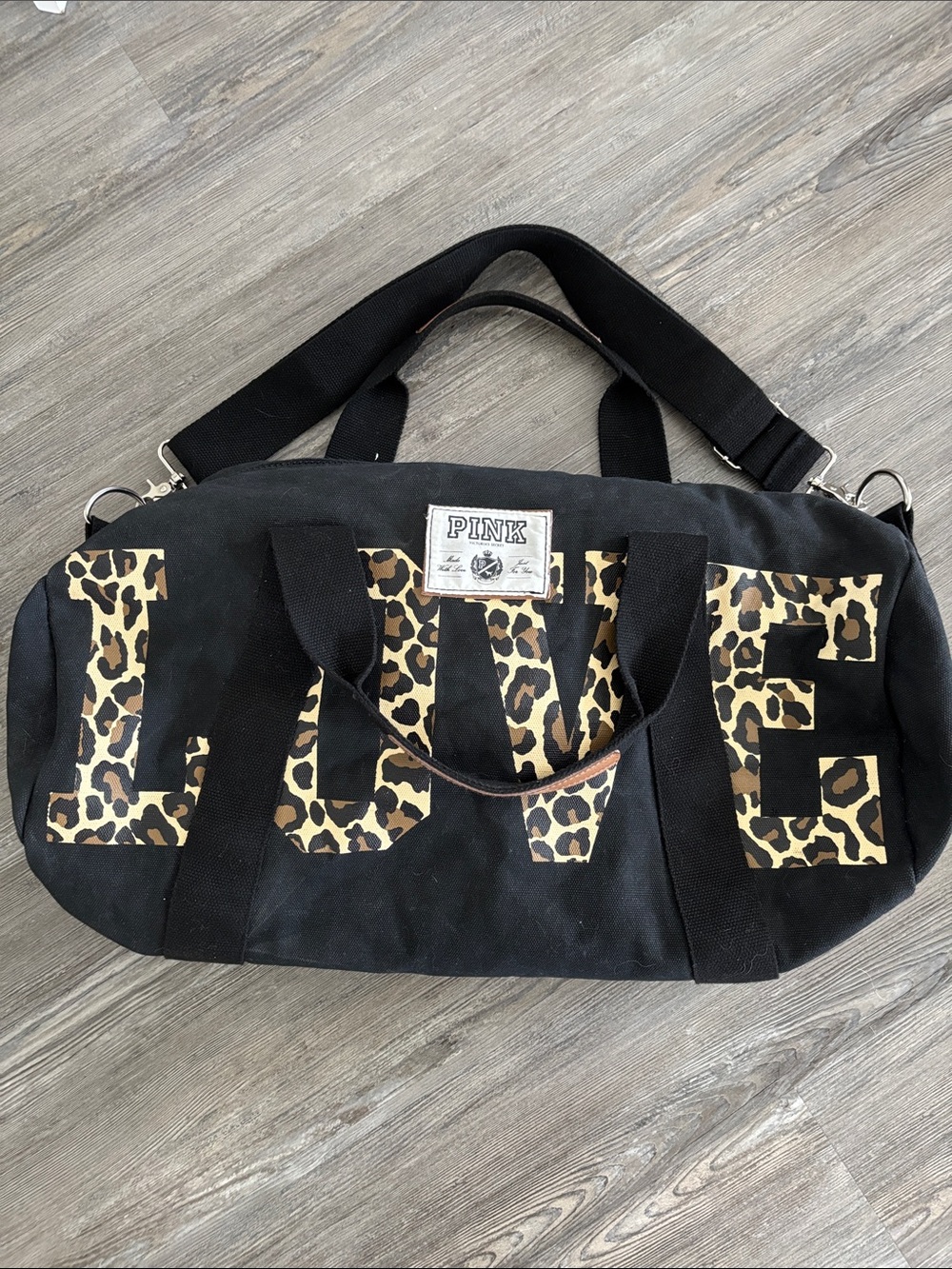 PINK Victoria's Secret Black Duffel with Leopard Logo Panel